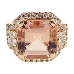18ct rose gold cushion cut morganite and round brilliant cut diamond cluster dress ring, morganite approx 8.35 carat, total diamond weight approx 1.05 carat