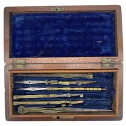 Set of 19th century drawing instruments in mahogany case and a brass and steel miners lamp (2)