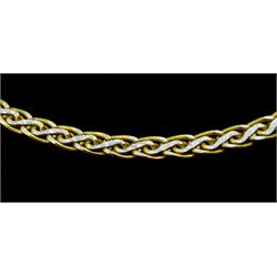 9ct gold flattened weave link necklace with white gold highlights, hallmarked, approx 10.35gm