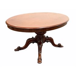Victorian mahogany loo table, the oval tilt top over baluster turned column and four splayed supports carved with scrolls and shields, raised on castors 146cm x 107cm, H75cm