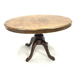 Victorian and later loo table, oval moulded top with box wood stringing and inlay, on later turned and carved column with four outsplayed supports, 136cm x 100cm, H72cm