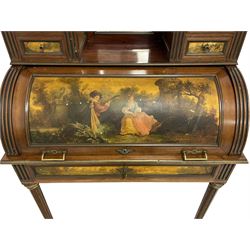 20th century French Empire design mahogany cylinder roll bureau, raised canopy top over bevelled mirror back supported by fluted columns, mounted by gilt metal gallery decorated with linen swags, two raised sections fitted with small drawers, the Vernis Martin painted barrel roll depicting a man with a guitar and a woman reading within a garden landscape with architectural follies and trees, frieze drawer below, mounted by gilt metal mouldings and foliate cast escutcheons, raised on tapering fluted supports with brass capitals and feet 