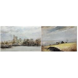 David Webb (British Contemporary): Windsor Castle from the Thames, watercolour signed and dated 89, 37cm x 56cm; Jo Dollemore (British Contemporary): Farmhouse in the Chiltern Hills, oil on board signed and dated 1996, 34cm x 45cm (2)