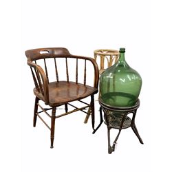 Early 20th century bentwood jardinière stand, and another with a large green glass bottle, together with an early 20th century tub office chair 