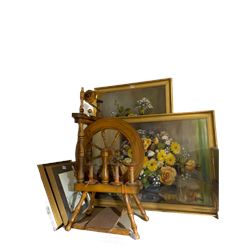 Spinning wheel H85cm, pair of large still life paintings of flowers by CV Shaw in gilt frames together with quantity of pictures (7)
