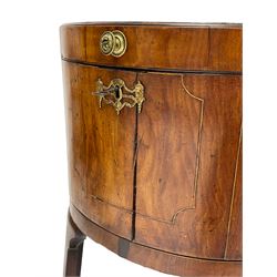 George III mahogany wine cooler or cellarette, oval form, moulded hinged lid with crossbanding and central oval shell inlay, lead lined interior with divisions, the main body decorated with boxwood stringing, on splayed square chamfered supports