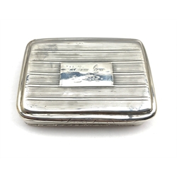 George IV silver snuff box, the hinged cover inscribed 'William Gow' with gilded interior 8cm x 5.5cm Birmingham 1822, makers mark rubbed 3.1oz