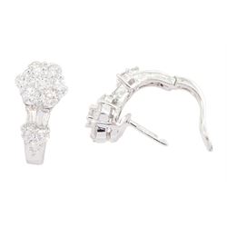 Pair of 18ct white gold round and tapered baguette cut and round brilliant cut diamond cluster earrings, hallmarked, total diamond weight approx 1.20 carat