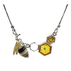 Silver amber honeycomb and bee pendant necklace, stamped 925
