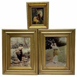 After Paul Thumann (German 1834-1908): 'Kunst bringt Gunst' 'Flower Girl' and 'Die Ährenleserin Ruth', set three Classical style crystoleum max 25cm x 17cm (3)