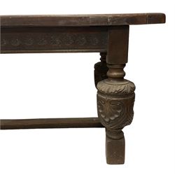 19th century Carolean design carved oak table, rectangular top over a foliate guilloche carved frieze, raised on anthemion carved baluster turned supports united by H-stretcher 