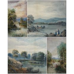 E Lewis (British late 19th century): Anglers Fishing in a Woodland River, pair watercolours signed and dated '97, 34cm x 17cm; Harry English (British 19th century): Lakeside Landscape with Figures, pair watercolours unsigned 24cm x 36cm (4)
