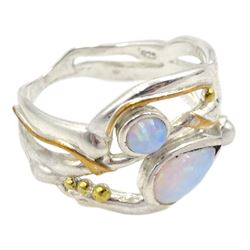 Silver and 14ct gold wire opal and pearl ring, stamped 925
