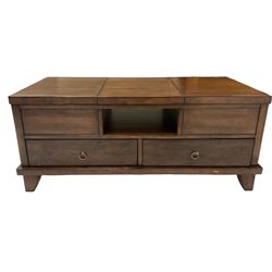 Hardwood coffee table, rectangular top with hinged lids to each end concealing compartment, fitted with two drawers, on chamfered feet
