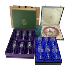Cut crystal drinking glasses, Spode plate 'Brigadier Gerard' and other cased spode plates and a Mdina vase 