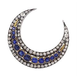 Gold and silver milgrain set synthetic sapphire and old cut diamond crescent brooch