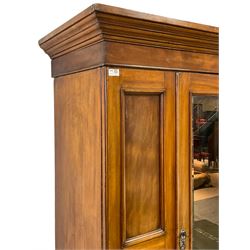 19th century mahogany wardrobe, projecting cornice over panelled front with central bevelled mirror door, drawer to base, shaped apron