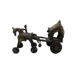 19th century Indian bronze temple toy in the form of a wheeled horse and carriage with rider L27cm