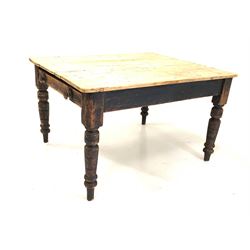 Victorian stained pine kitchen table, with scrub top and drawer to one end, raised on turned supports 122cm x 104cm, H73cm