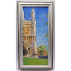 Pamela Chard (British 1926-2003): West Porch St Albans Cathedral 65cm x 28cm, oil on board unsigned
Provenance: studio collection of the late William Chard, the artist's husband
Notes: Chard was a British artist and teacher married to fellow artist William Chard (1923-2020). The couple met at the Redfern Gallery in Cork Street, London, and went on to study under several important artists  such as Henry Moore, Ceri Richards, and Vivian Pitchforth. They were both active members of 'The Arts Council of Great Britain', and exhibited with the London Group and Drian Gallery.