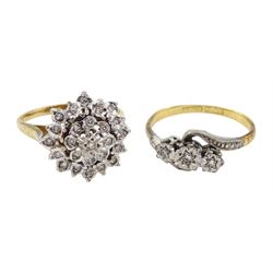 9ct gold diamond chip cluster ring, hallmarked and a three stone diamond chip ring, stamped 18ct Plat