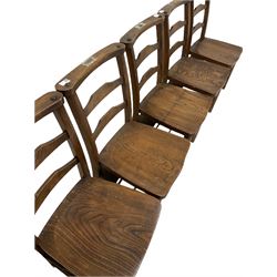 Set six beech and elm chapel chairs, the shaped seat raised on turned supports W42cm and one similar chair