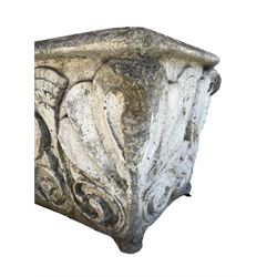 Mid-20th century cast stone garden planter, tapered rectangular form with rolled moulded edge, decorated with anthemion motifs and scrolled foliate 