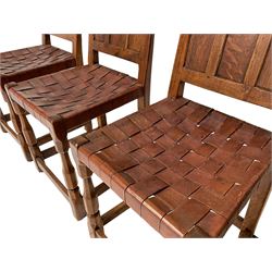 Sid Pollard - set four oak triple panel back dining chair with leather lattice seats, on octagonal front supports joined by plain stretchers