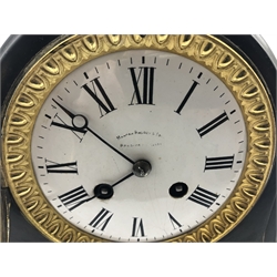 Large Victorian dome top black slate mantel clock, circular enamel Roman dial, engraved and gilt decoration with malachite inlay, twin train movement stamped '254' striking the hours and half on bell, with pendulum and key, W45cm, H29cm