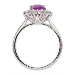 18ct white gold pink sapphire and diamond cluster ring, hallmarked, sapphire approx 2.75 carat, total diamond weight approx 0.60 carat