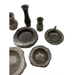 Collection of Cornish Serpentine comprising turned vases, paperweights, napkin rings, ashtrays and dishes, some with mounted pixie figures