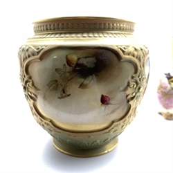 Edwardian Royal Worcester vase having four painted reserve panels decorated with roses interspersed by moulded Neo-classical decoration, circa 1907 H13cm and a pair of Lock & Co. Worcester bird decorated vases (3)