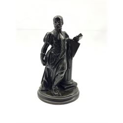 Patinated spelter model of a Scholar, leaning against a column holding a book and paint palette, H20cm  