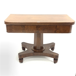  Victorian mahogany side table, fold over revolving top raised on octagonal panelled pedestal and platform base with recessed castors, W104cm, H76cm, D52cm  