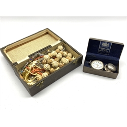 Quantity of costume jewellery, silver fob watch, engraved silver sovereign case, filigree brooches etc