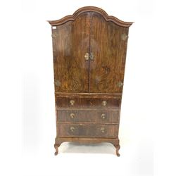 Early 20th century figured walnut dome top millinery cupboard, two doors enclosing interior fitted with sliding trays, three drawers under, raised on carved cabriole supports W90cm, H180cm, D52cm