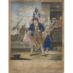 Robert Laurie (British c.1755-1836) and James Whittle (British c.1757-1818) (Publishers): 'Jack’s return after Lord Howe’s glorious victory to the tune of Oh! dear what can the matter be', mezzotint with hand colouring pub.1794, 35cm x 27cm
Notes: This is a satirical patriotic broadsheet celebrating the British Naval victory over Napoleonic France and Spain on the 'Glorious First of June' in the war of the first coalition under the command of Admiral Richard Howe. 'Jack' was a common term for a sailor and he is depicted holding a coin purse with two British flags behind him.