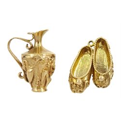 Two 9ct gold charms including pair of slipper and jug, both hallmarked 
