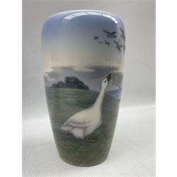 Royal Copenhagen vase decorated with geese; together with another with flower decoration H25cm