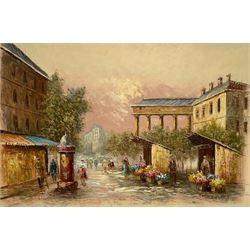 French School (20th century): Parisian Street Scene with Flower Market, oil on canvas signed M Church 59cm x 89cm  