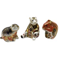 Three Royal Crown Derby paperweights comprising 'Riverbank Beaver' Limited Edition of 1500, no. 1202 dated 2001, Squirrel, 1998 and Imari Bear, 1997 (3)