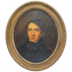 Circle of Sir Henry Raeburn (Scottish 1726-1823): Bust Length Portrait of a Georgian Gentleman, oval oil on board indistinctly inscribed and dated 1787 verso 34cm x 28cm