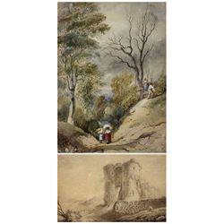 English School (19th century): Castle Ruins, sepia watercolour unsigned together with English School (19th/20th century): Carrying Wood Down Hill, watercolour signed with initials WS, max 38cm x 26cm (2)