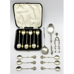 Set of six silver bead knop coffee spoons Sheffield 1936, the case marked C.E.A. Coronation Conference 1937, Russian silver spoon with engraved bowl Moscow dated 1896, six Continental coffee spoons etc