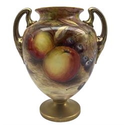 Mid 20th century Royal Worcester twin handled vase and cover by B. A. Schwarz, the body of ovoid form hand painted with a still life of fruit, signed B. A. Schwarz, upon a circular gilt foot, with black printed marks beneath including shape number 2701, H17cm 