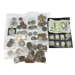 Coins and banknotes including five Queen Victoria silver sixpence coins dated 1894, two 1895, 1900 and 1901, five King George V halfcrown coins dated 1920, two 1921, 1928 and 1934, three King George VI halfcrown coins dated two 1939 and 1942, pre decimal pennies and other coinage, three Bank of England Page five pound notes 'B24', 'B18' and 'A55' etc