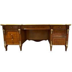 Barnini Oseo - large elm demi-lune 'Reggenza' desk, the banded top with satinwood foliate stringing and inset leather writing surface with gilt edge, fitted with central frieze drawer flanked by six graduating drawers, the ornate uprights with floral scrolled corbels and cabriole supports
