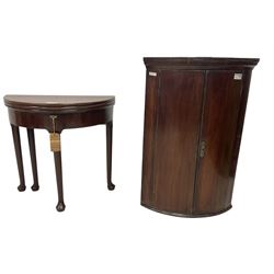 19th century mahogany demi-lune combined tea and card table, on cabriole supports (W79cm D39cm H76cm); George III mahogany cylinder corner cupboard, enclosing three shelves (W71cm D51cm H103cm)