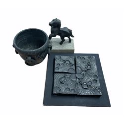 Old Hall and Danish stainless steel table ware including tea trays, serving dishes, milk jugs etc, model of a horse on stone plinth, an earthenware planter and similar style wall art etc in two boxes