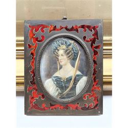 Late 19th century portrait miniature on ivory depicting a lady, her hair in ringlets, within a Boulle type frame 12.5cm x 10.5cm, together with an early to mid 19th century silk needlework picture, in gilt frame (2) 